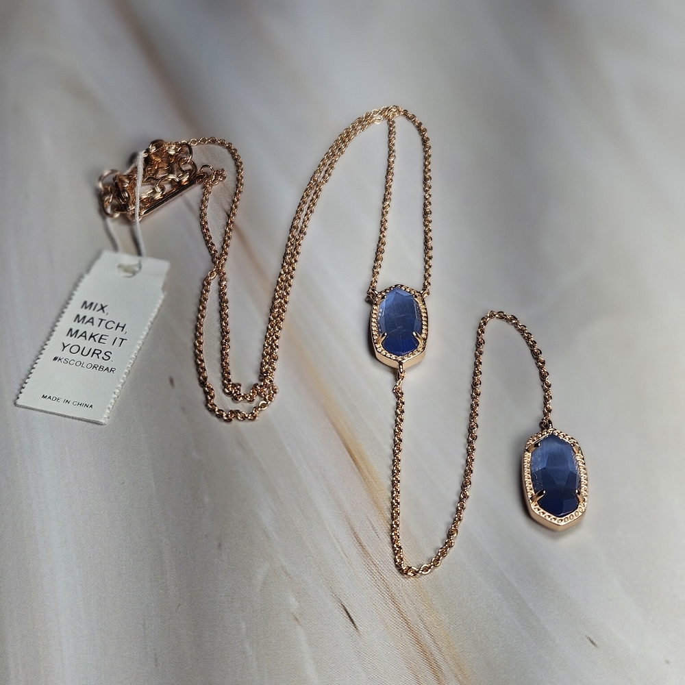 NEW Kendra Scott Rose Gold Necklace- Ellison Y Necklace NWT Blue